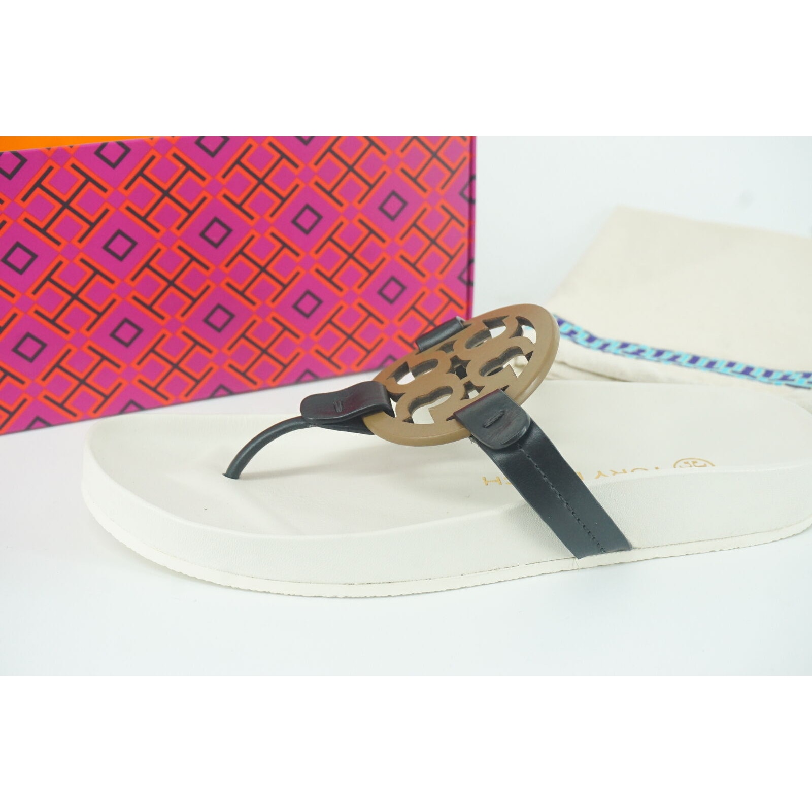 Tory Burch Miller Cloud Leather Thong Sandal Sz 5.5 Logo $298 New White